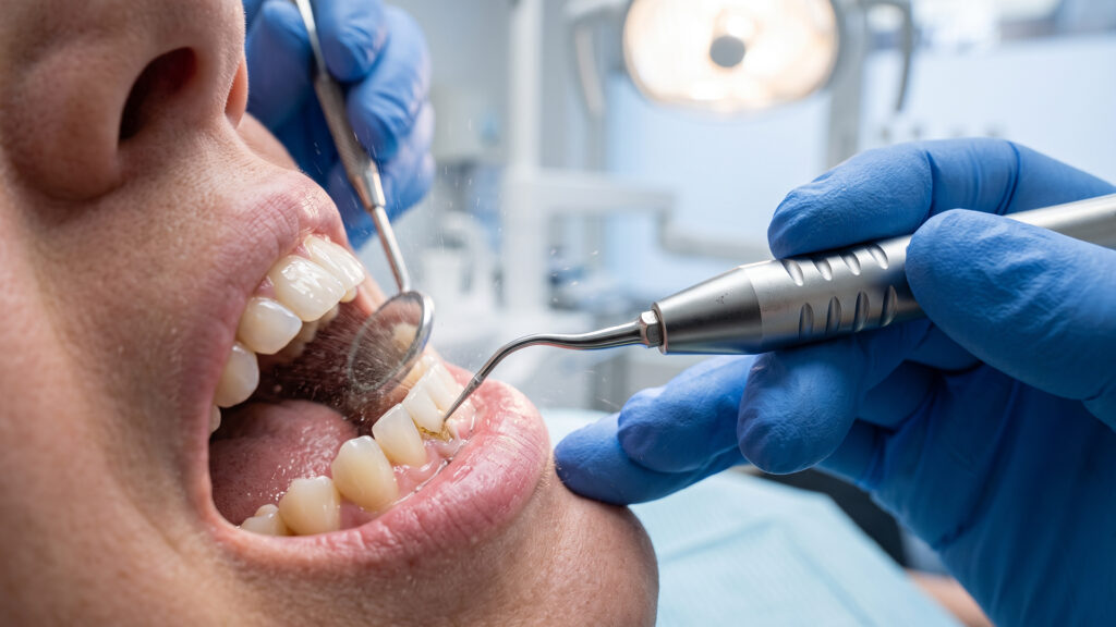 Dentist removing hardened plaque and tartar from teeth at Premiere Dental